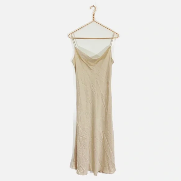 Loft NWT Small Champagne Beige Satin Silky Slip Midi Dress Draped Neck‎ - Picture 2 of 14